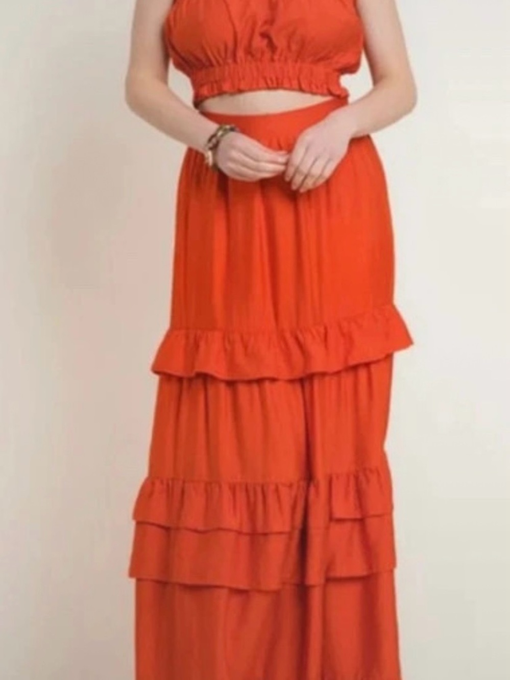 Womens Tiered Ruffle Maxi Skirt - Vibrant Orange
